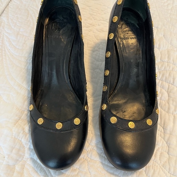 Tory Burch Shoes - Tory Burch Black Leather Heels with Gold Studs EUC